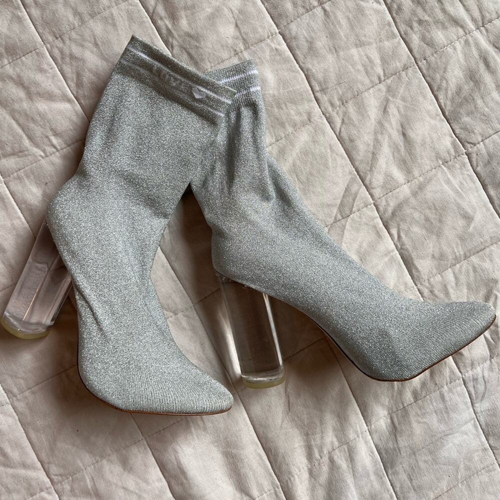 Aldo Silver Metallic Heeled Socked Lucite Heel "Love" Boots Holiday NYE - 8.5